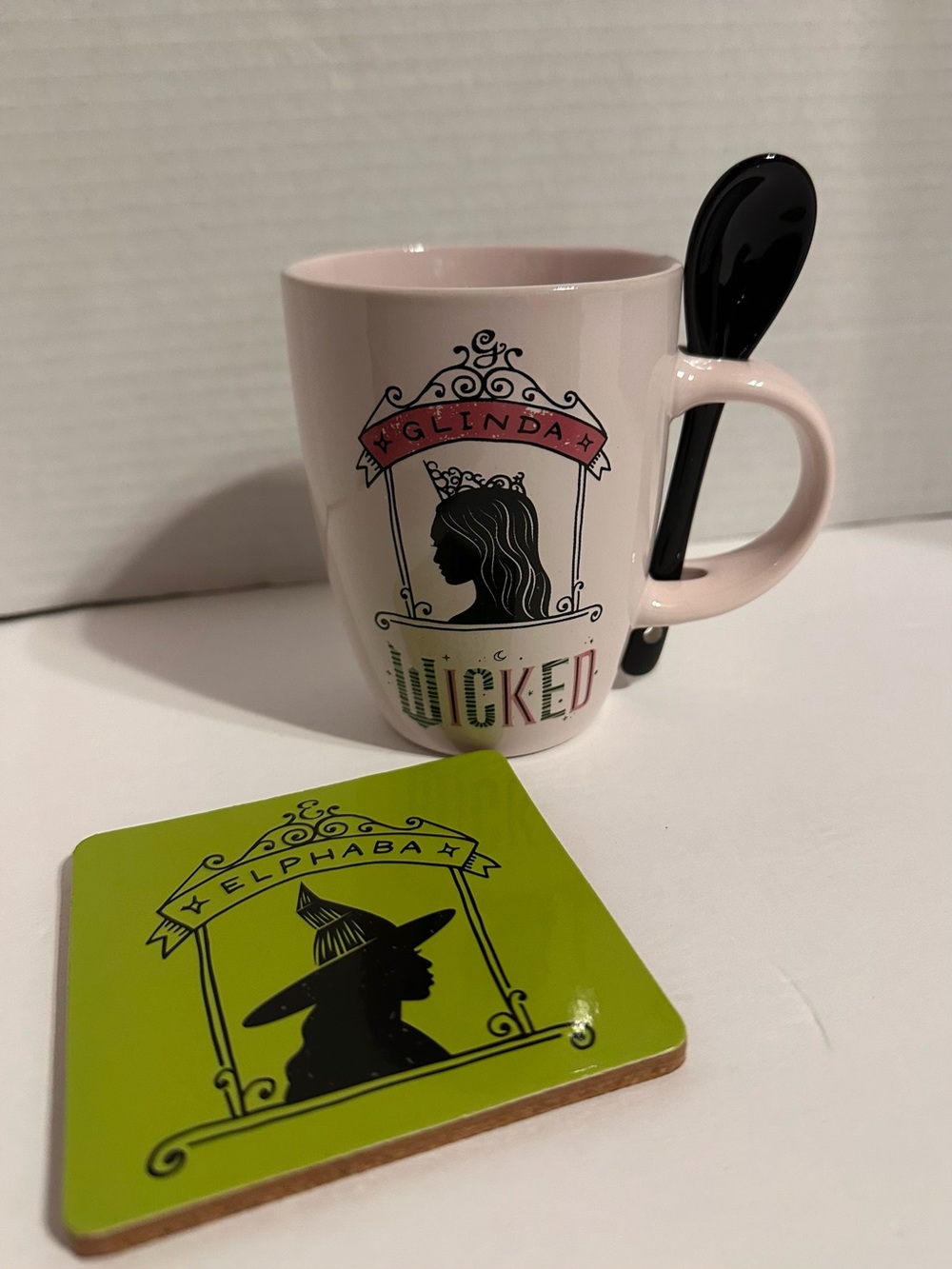 Pink Wicked Themed Ceramic Mug with Black Spoon